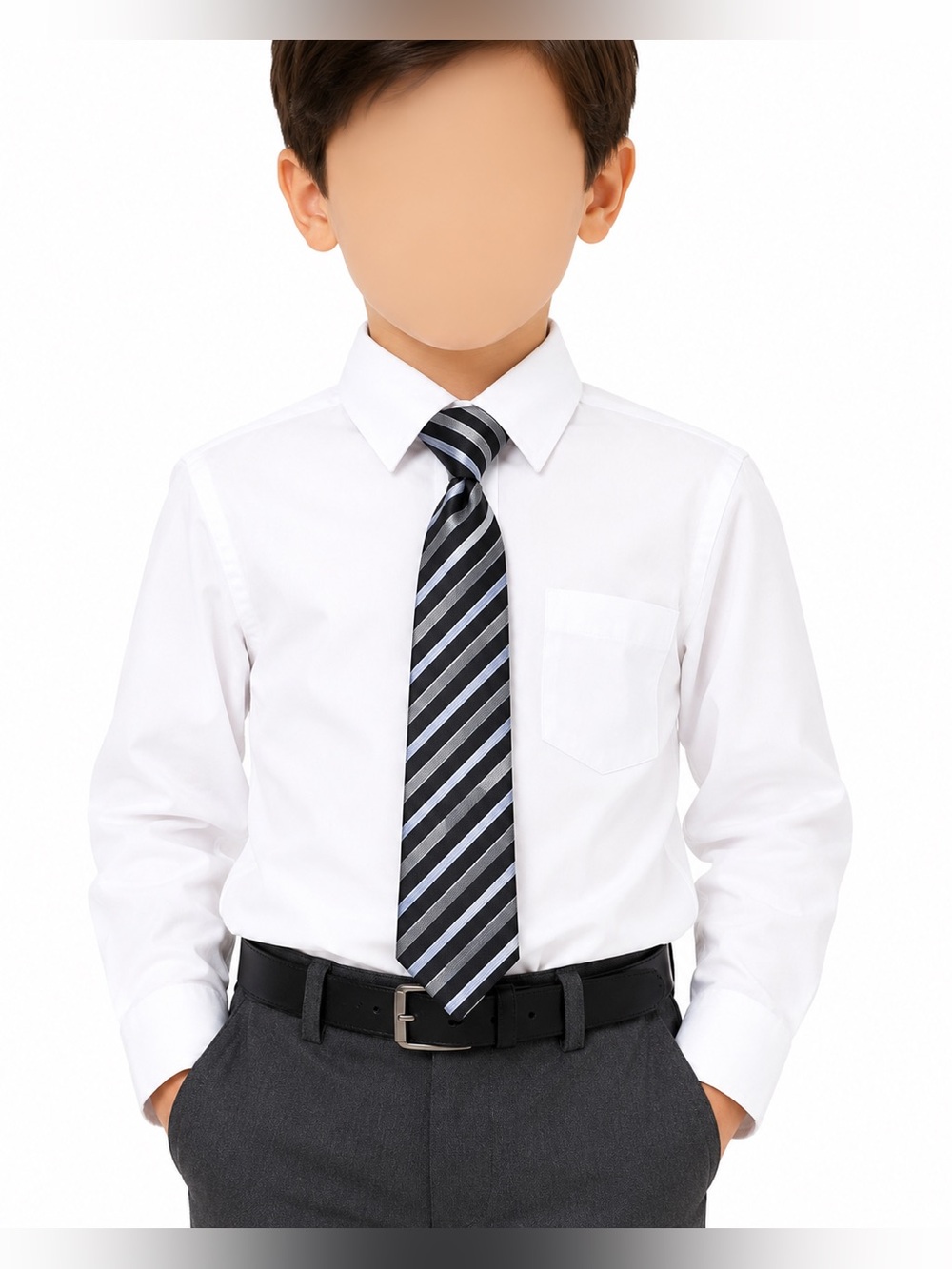 Boys Black Gray Striped Pre-Tied Adjustable Necktie